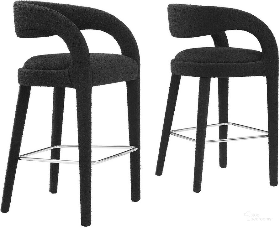 The appearance of Pinnacle Boucle Upholstered Bar Stool Set of 2 In Black/Silver designed by Modway in the modern / contemporary interior design. This black/silver piece of furniture  was selected by 1StopBedrooms from Pinnacle Collection to add a touch of cosiness and style into your home. Sku: EEI-6568-BLK-SLV. Product Type: Barstool. Material: Rubberwood. Image1