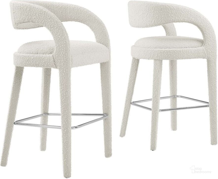 The appearance of Pinnacle Boucle Upholstered Bar Stool Set of 2 In Ivory and Silver designed by Modway in the modern / contemporary interior design. This ivory and silver piece of furniture  was selected by 1StopBedrooms from Pinnacle Collection to add a touch of cosiness and style into your home. Sku: EEI-6568-IVO-SLV. Product Type: Barstool. Material: Rubberwood. Image1