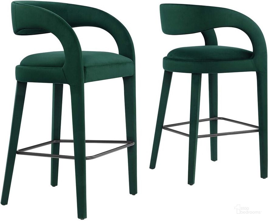 The appearance of Pinnacle Performance Velvet Bar Stool Set of 2 In Green Black designed by Modway in the modern / contemporary interior design. This green black piece of furniture  was selected by 1StopBedrooms from Pinnacle Collection to add a touch of cosiness and style into your home. Sku: EEI-6569-GRN-BLK. Product Type: Barstool. Material: Rubberwood. Image1
