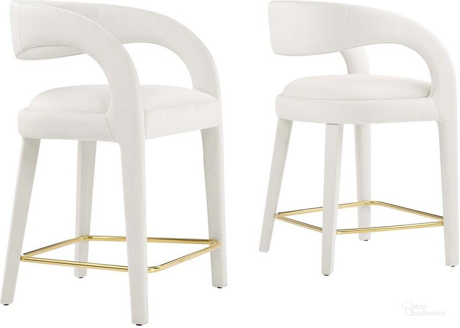 The appearance of Pinnacle Performance Velvet Counter Stool Set of 2 In Ivory Gold designed by Modway in the modern / contemporary interior design. This ivory gold piece of furniture  was selected by 1StopBedrooms from Pinnacle Collection to add a touch of cosiness and style into your home. Sku: EEI-6566-IVO-GLD. Product Type: Barstool. Material: Rubberwood. Image1