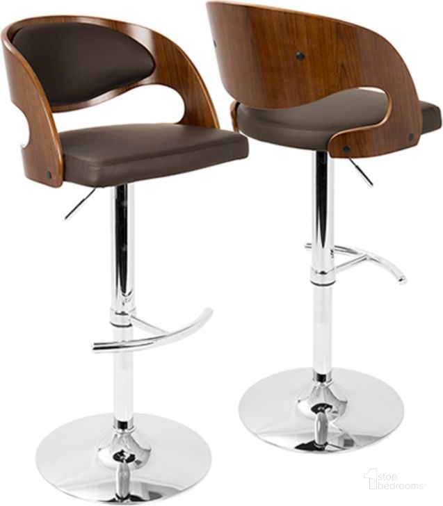 The appearance of Pino Mid-Century Modern Adjustable Barstool With Swivel In Walnut And Brown Faux Leather designed by Lumisource in the transitional interior design. This walnut piece of furniture  was selected by 1StopBedrooms from Pino Collection to add a touch of cosiness and style into your home. Sku: BS-JY-PN WL+BN. Material: Metal. Product Type: Barstool. Image1