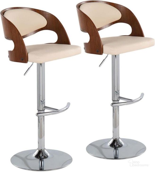 The appearance of Pino Mid Century Modern Adjustable Barstool With Swivel In Walnut And Cream Faux Leather Set Of 2 designed by Lumisource in the transitional interior design. This cream piece of furniture  was selected by 1StopBedrooms from Pino Collection to add a touch of cosiness and style into your home. Sku: BS-PINO2-SWVRT WLCR2. Material: Wood. Product Type: Barstool. Image1