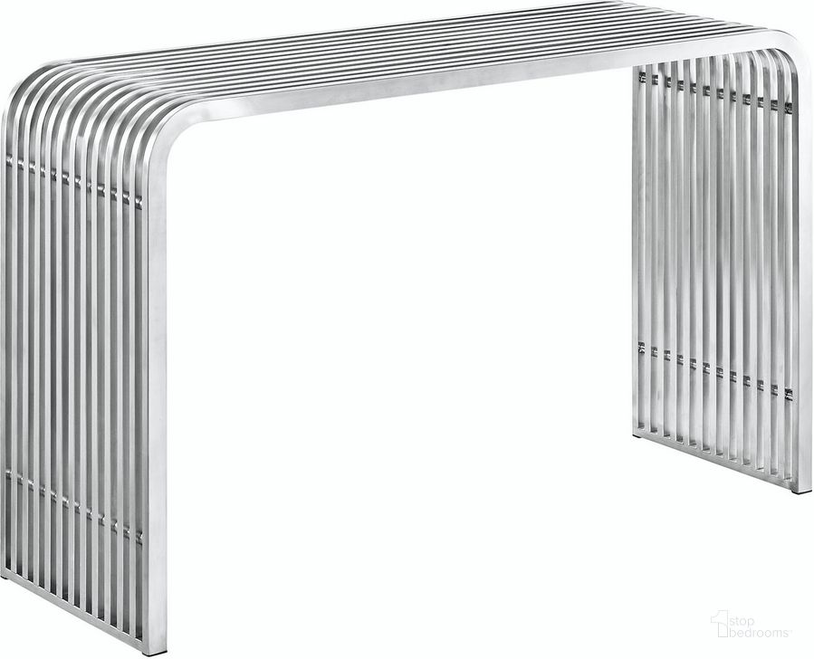 The appearance of Pipe Silver Stainless Steel Console Table designed by Modway in the modern / contemporary interior design. This silver piece of furniture  was selected by 1StopBedrooms from Pipe Collection to add a touch of cosiness and style into your home. Sku: EEI-2104-SLV. Product Type: Console Table. Material: Stainless Steel. Image1