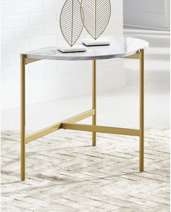 The appearance of Pipers Cove White/Gold End Table 0qd24312936 designed by Isaac Tahari in the transitional interior design. This white/gold piece of furniture  was selected by 1StopBedrooms from Pipers Cove Collection to add a touch of cosiness and style into your home. Sku: T192-7. Material: Glass. Product Type: End Table. Image1