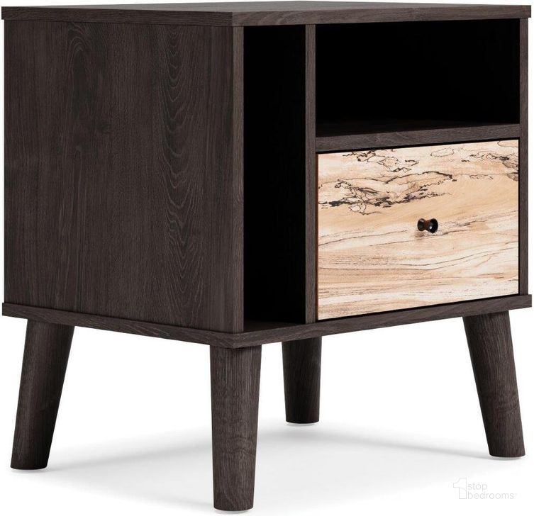The appearance of Piperton Two-Tone Brown/Black One Drawer Night Stand designed by Signature Design by Ashley in the modern / contemporary interior design. This two-tone brown/black piece of furniture  was selected by 1StopBedrooms from Piperton Collection to add a touch of cosiness and style into your home. Sku: EB5514-291. Material: Wood. Product Type: Nightstand. Image1