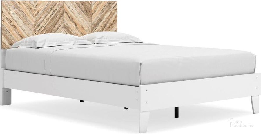 The appearance of Piperton White And Natural Queen Platform Bed designed by Signature Design by Ashley in the modern / contemporary interior design. This two-tone brown/white piece of furniture  was selected by 1StopBedrooms from Piperton Collection to add a touch of cosiness and style into your home. Sku: EB1221-157;EB1221-113. Bed Type: Platform Bed. Material: Wood. Product Type: Platform Bed. Bed Size: Queen. Image1