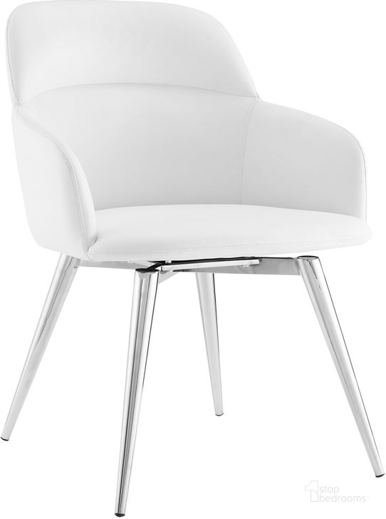 The appearance of Pirouette Arm Dining Chair In White Pu With Swivel Polished Stainless Steel Base designed by Casabianca Home in the modern / contemporary interior design. This white piece of furniture  was selected by 1StopBedrooms from Pirouette Collection to add a touch of cosiness and style into your home. Sku: CB-952W. Product Type: Dining Chair. Material: Stainless Steel. Image1