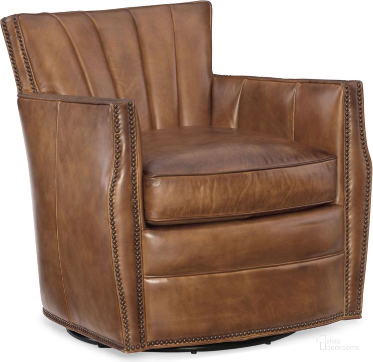 The appearance of Carson Checkmate Pawn Leather Swivel Club Chair designed by Hooker in the transitional interior design. This brown piece of furniture  was selected by 1StopBedrooms from Carson Collection to add a touch of cosiness and style into your home. Sku: CC492-SW-083. Material: Leather. Product Type: Swivel Chair. Image1