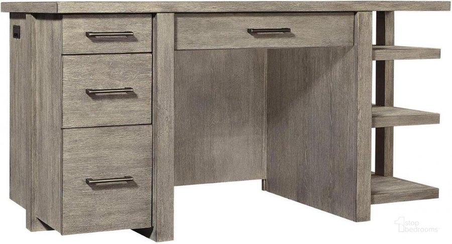 The appearance of Platinum 60 Inch Desk With Open Shelves In Grey designed by Aspenhome in the modern / contemporary interior design. This grey piece of furniture  was selected by 1StopBedrooms from Platinum Collection to add a touch of cosiness and style into your home. Sku: I251-309-2. Material: Wood. Product Type: Desk. Image1