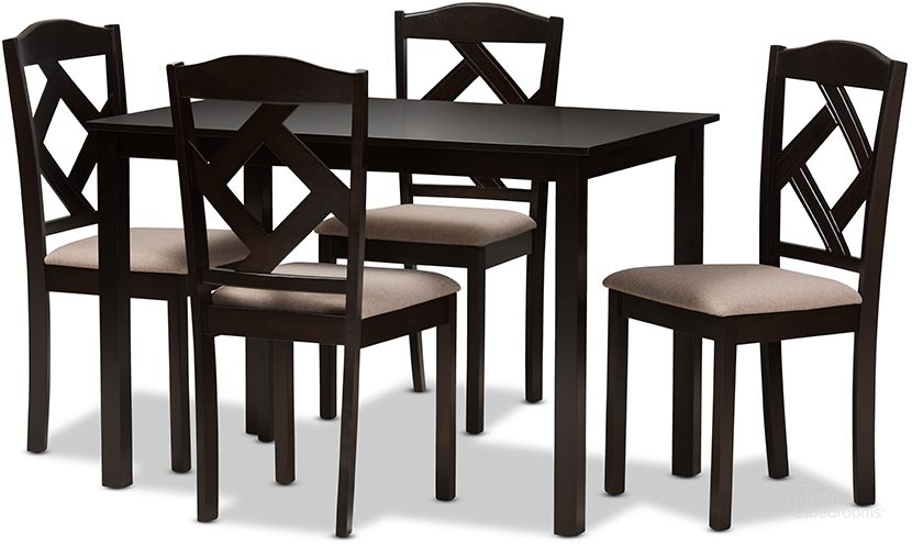 The appearance of Poirierville Beige and Dark Brown Dining Set designed by Luxury Loft in the modern / contemporary interior design. This beige and dark brown piece of furniture  was selected by 1StopBedrooms from Poirierville Collection to add a touch of cosiness and style into your home. Sku: RH133C-Dark Brown/Sand Dining Set. Product Type: Dining Room Set. Material: Rubberwood. Image1