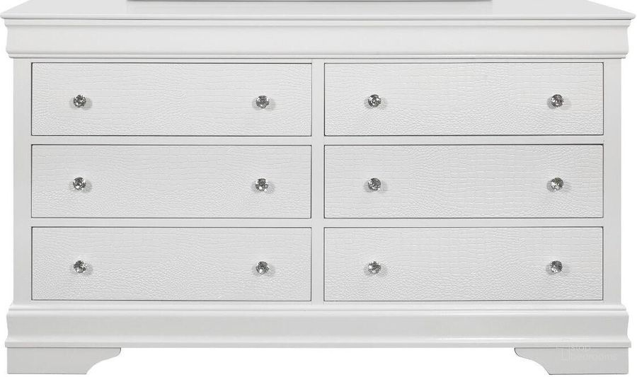 The appearance of Pompei Metallic Dresser designed by Global Furniture USA in the transitional interior design. This white piece of furniture  was selected by 1StopBedrooms from Pompei Collection to add a touch of cosiness and style into your home. Sku: POMPEI-METALLIC WHITE-DR. Product Type: Dresser. Material: MDF. Image1