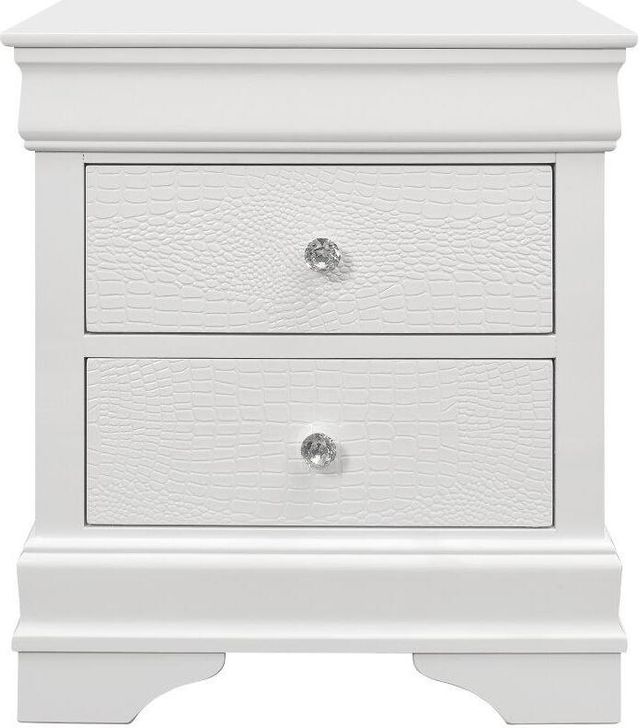 The appearance of Pompei Metallic Nightstand designed by Global Furniture USA in the transitional interior design. This white piece of furniture  was selected by 1StopBedrooms from Pompei Collection to add a touch of cosiness and style into your home. Sku: POMPEI-METALLIC WHITE-NS. Product Type: Nightstand. Material: MDF. Image1