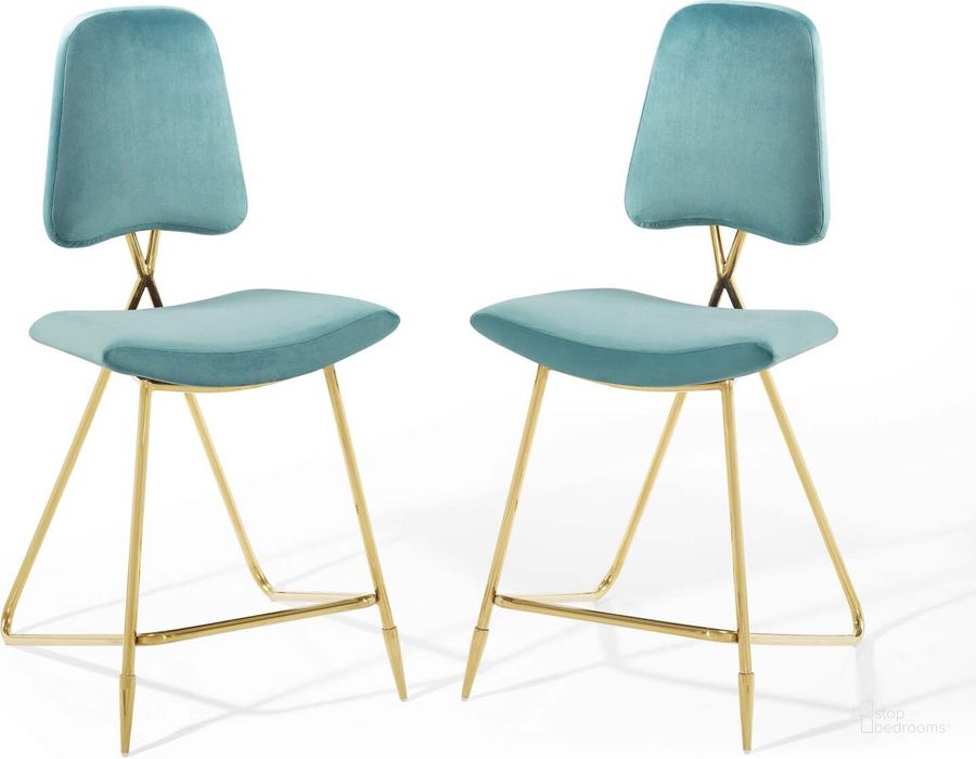 The appearance of Ponder Counter Stool Performance Velvet Set of 2 In Sea Blue designed by Modway in the modern / contemporary interior design. This sea blue piece of furniture  was selected by 1StopBedrooms from Ponder Collection to add a touch of cosiness and style into your home. Sku: EEI-5572-SEA. Material: Polyester. Product Type: Barstool. Image1