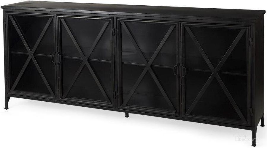 The appearance of Poppy I Black Metal With Glass Door Sideboard designed by Mercana in the modern / contemporary interior design. This black piece of furniture  was selected by 1StopBedrooms from Poppy Collection to add a touch of cosiness and style into your home. Sku: 50524. Material: Metal. Product Type: Sideboard. Image1