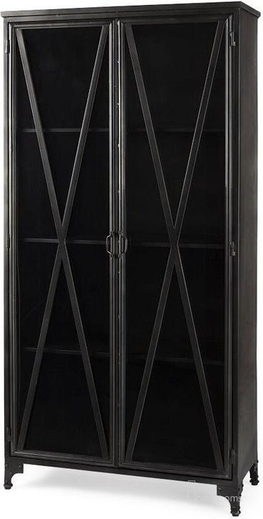 The appearance of Poppy Ii Black Metal With Glass Door Display Cabinet designed by Mercana in the modern / contemporary interior design. This black piece of furniture  was selected by 1StopBedrooms from Poppy Collection to add a touch of cosiness and style into your home. Sku: 50361. Material: Metal. Product Type: Curio Cabinet. Image1