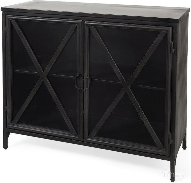 The appearance of Poppy Iii Black Metal With Glass Door Accent Cabinet designed by Mercana in the modern / contemporary interior design. This black piece of furniture  was selected by 1StopBedrooms from Poppy Collection to add a touch of cosiness and style into your home. Sku: 69129. Material: Metal. Product Type: Accent Cabinet. Image1