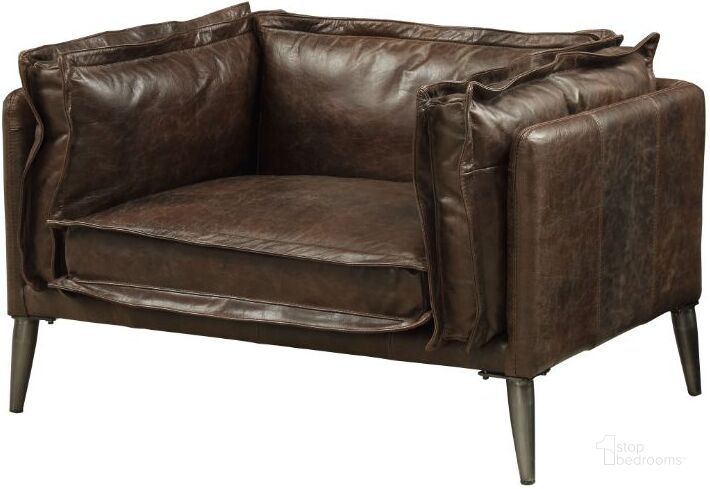 The appearance of Porchester Distress Chocolate Leather Chair designed by ACME in the modern / contemporary interior design. This brown piece of furniture  was selected by 1StopBedrooms from Porchester Collection to add a touch of cosiness and style into your home. Sku: 52482. Material: Leather. Product Type: Living Room Chair. Image1