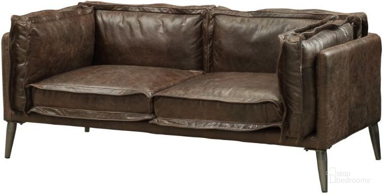 The appearance of Porchester Distress Chocolate Leather Loveseat designed by ACME in the modern / contemporary interior design. This brown piece of furniture  was selected by 1StopBedrooms from Porchester Collection to add a touch of cosiness and style into your home. Sku: 52481. Material: Leather. Product Type: Loveseat. Image1