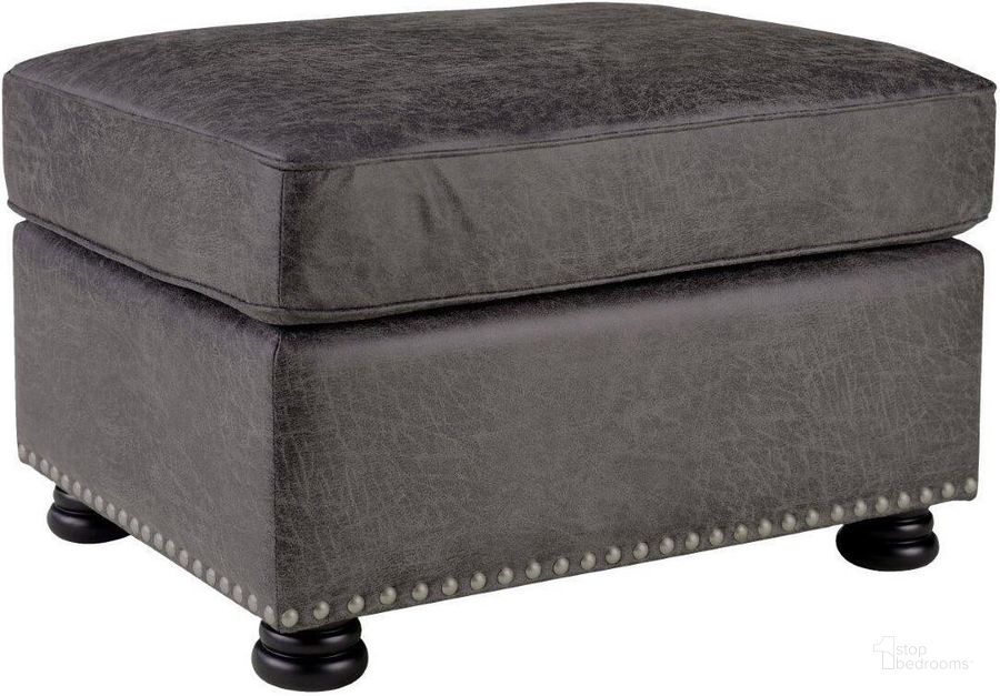 The appearance of Porter Designs Elk River Leather-Look And Nail Head Ottoman In Gray designed by Porter Designs in the transitional interior design. This gray piece of furniture  was selected by 1StopBedrooms from Elk River Collection to add a touch of cosiness and style into your home. Sku: 01-207C-05-9702A. Material: Fabric. Product Type: Ottoman. Image1
