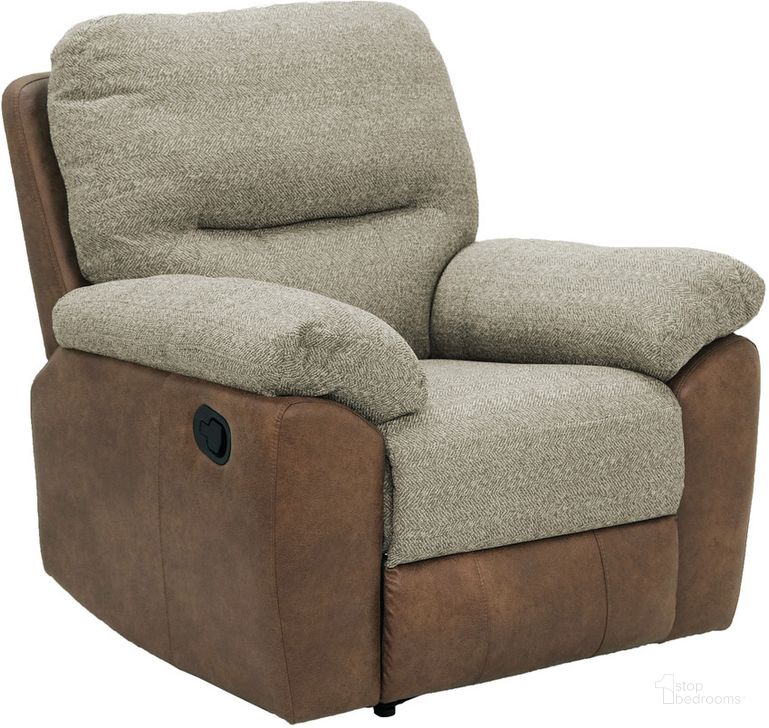 The appearance of Porter Recliner In Saddle designed by Emerald Home Furnishings in the modern / contemporary interior design. This saddle piece of furniture  was selected by 1StopBedrooms from Porter Collection to add a touch of cosiness and style into your home. Sku: U3474-04-05. Material: Wood. Product Type: Recliner. Image1