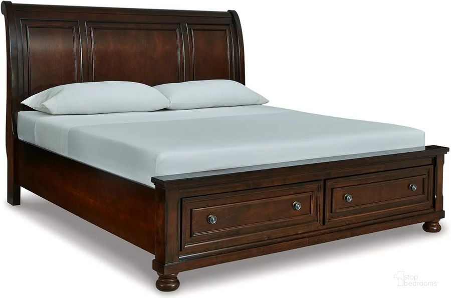 The appearance of Porter Rustic Brown California King Sleigh Storage Bed designed by Signature Design by Ashley in the transitional interior design. This rustic brown piece of furniture  was selected by 1StopBedrooms from Porter Collection to add a touch of cosiness and style into your home. Sku: B697-76;B697-78;B697-95. Bed Type: Storage Bed. Material: Wood. Product Type: Storage Bed. Bed Size: California King. Image1