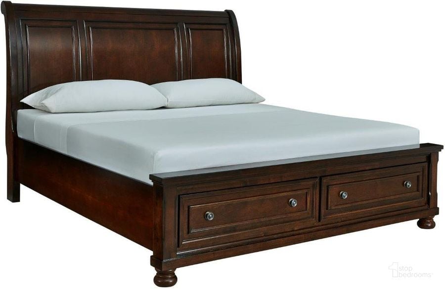 The appearance of Porter Rustic Brown King Sleigh Storage Bed designed by Signature Design by Ashley in the transitional interior design. This rustic brown piece of furniture  was selected by 1StopBedrooms from Porter Collection to add a touch of cosiness and style into your home. Sku: B697-76;B697-78;B697-99. Bed Type: Storage Bed. Material: Wood. Product Type: Storage Bed. Bed Size: King. Image1