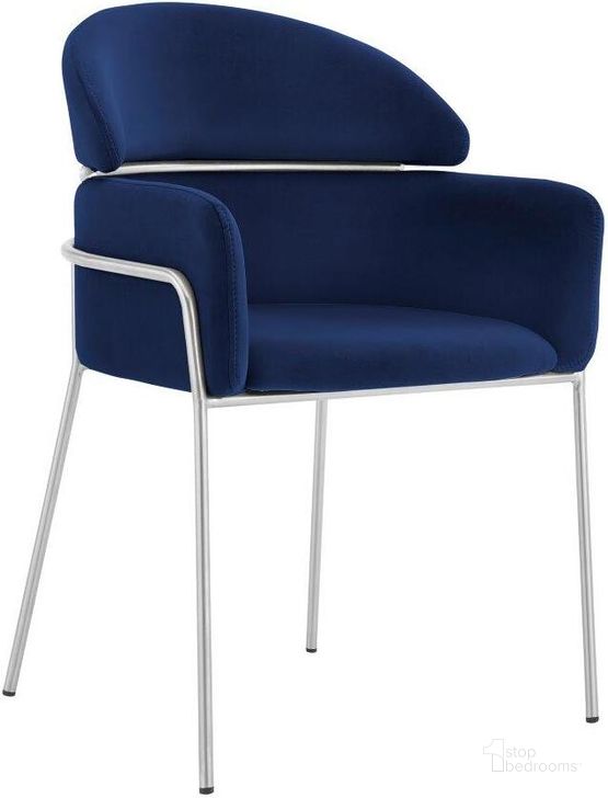 The appearance of Portia Blue Velvet And Brushed Stainless Steel Dining Room Chair designed by Armen Living in the modern / contemporary interior design. This blue piece of furniture  was selected by 1StopBedrooms from Portia Collection to add a touch of cosiness and style into your home. Sku: LCPTSIBLUE. Material: Metal. Product Type: Dining Chair. Image1