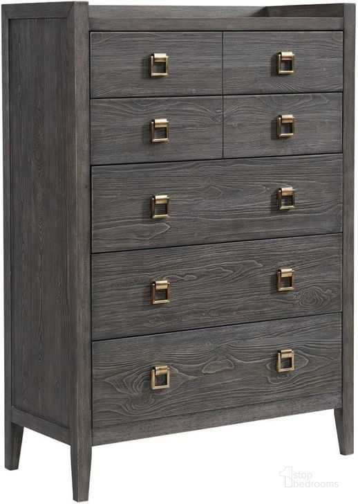 The appearance of Portia Brushed Brindle 5 Drawer Chest designed by Intercon in the transitional interior design. This gray piece of furniture  was selected by 1StopBedrooms from Portia Collection to add a touch of cosiness and style into your home. Sku: PO-BR-9505-BDL-C. Product Type: Chest. Image1