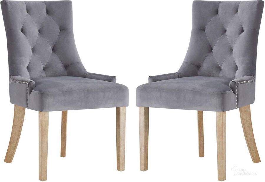 The appearance of Pose Gray Dining Chair Performance Velvet Set of 2 designed by Modway in the modern / contemporary interior design. This gray piece of furniture  was selected by 1StopBedrooms from Pose Collection to add a touch of cosiness and style into your home. Sku: EEI-3504-GRY. Product Type: Dining Chair. Material: Foam. Image1