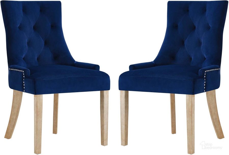 The appearance of Pose Navy Dining Chair Performance Velvet Set of 2 designed by Modway in the modern / contemporary interior design. This navy piece of furniture  was selected by 1StopBedrooms from Pose Collection to add a touch of cosiness and style into your home. Sku: EEI-3504-NAV. Product Type: Dining Chair. Material: Foam. Image1