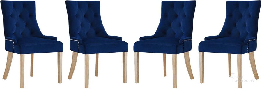 The appearance of Pose Navy Dining Chair Performance Velvet Set of 4 designed by Modway in the modern / contemporary interior design. This navy piece of furniture  was selected by 1StopBedrooms from Pose Collection to add a touch of cosiness and style into your home. Sku: EEI-3505-NAV. Product Type: Dining Chair. Material: Foam. Image1