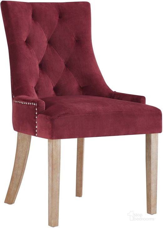 The appearance of Pose Performance Velvet Dining Chair In Maroon designed by Modway in the modern / contemporary interior design. This maroon piece of furniture  was selected by 1StopBedrooms from Pose Collection to add a touch of cosiness and style into your home. Sku: EEI-2577-MAR. Material: Wood. Product Type: Dining Chair. Image1