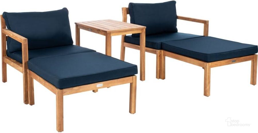 The appearance of Pratia Natural and Navy 5 Piece Outdoor Set designed by Safavieh in the transitional interior design. This navy piece of furniture  was selected by 1StopBedrooms from Pratia Collection to add a touch of cosiness and style into your home. Sku: PAT6759B. Material: Steel. Product Type: Outdoor Conversation Set. Image1