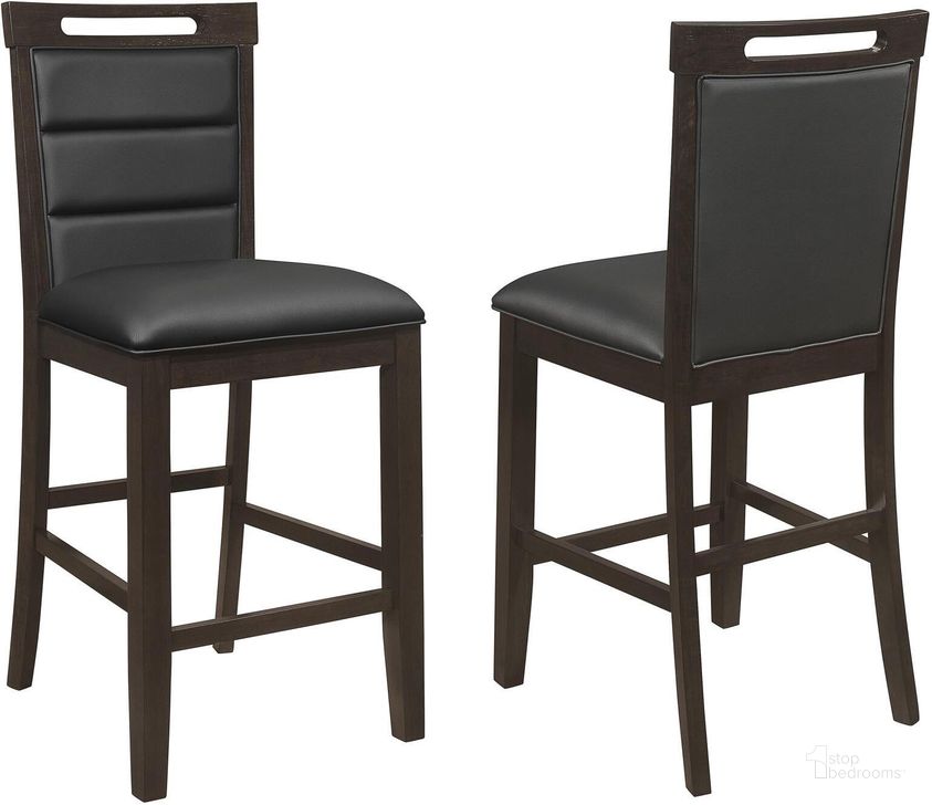 The appearance of Prentiss Upholstered Counter Height Chair Set Of 2 Black and Cappuccino designed by Coaster in the modern / contemporary interior design. This black piece of furniture  was selected by 1StopBedrooms from Prentiss Collection to add a touch of cosiness and style into your home. Sku: 193109. Material: Wood. Product Type: Counter Height Chair. Image1