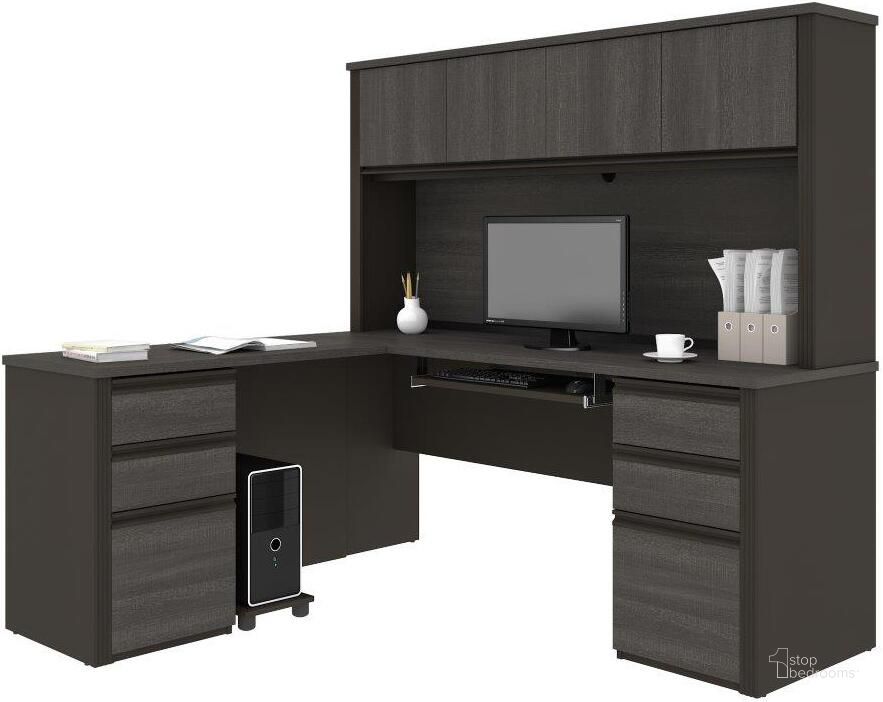 The appearance of Prestige + L-shaped workstation including two pedestals in Bark Gray and Slate designed by Bestar in the modern / contemporary interior design. This slate piece of furniture  was selected by 1StopBedrooms from Prestige Plus Collection to add a touch of cosiness and style into your home. Sku: 99852-000047. Material: Wood. Product Type: Work Station. Image1