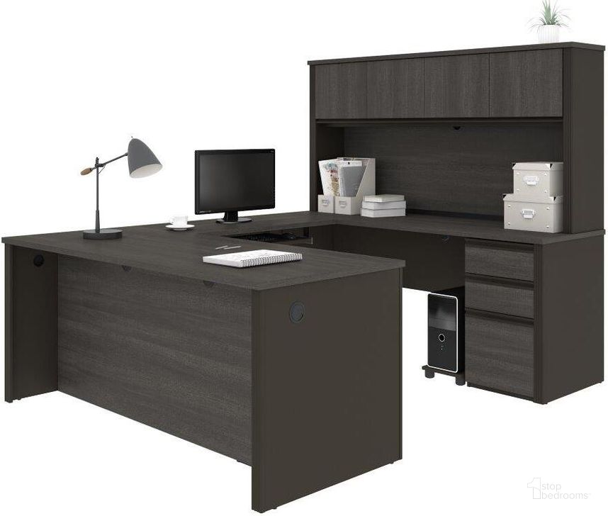 The appearance of Prestige + U-shaped workstation including two pedestals in Bark Gray and Slate designed by Bestar in the modern / contemporary interior design. This slate piece of furniture  was selected by 1StopBedrooms from Prestige Plus Collection to add a touch of cosiness and style into your home. Sku: 99853-000047. Material: Wood. Product Type: Work Station. Image1
