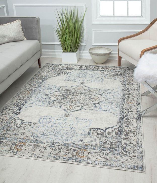 The appearance of Preston PS35C White Bay Blossom Transitional Vintage Gray 8' x 10' Area Rug designed by Rugs America in the transitional interior design. This gray piece of furniture  was selected by 1StopBedrooms from Preston Collection to add a touch of cosiness and style into your home. Sku: RA30161. Material: Polypropylene. Product Type: Area Rugs. Image1