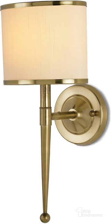 The appearance of Primo Brass Wall Sconce With Cream Shade designed by Currey & Company in the modern / contemporary interior design. This brass piece of furniture  was selected by 1StopBedrooms from Primo Collection to add a touch of cosiness and style into your home. Sku: 5121. Product Type: Wall Sconce. Material: Brass.