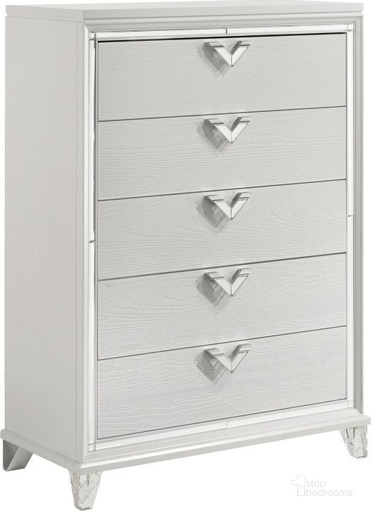 The appearance of Prism 5 Drawer Chest with Mirror Accents and V Shape Handles In White designed by Galaxy Home Furnishings in the modern / contemporary interior design. This white piece of furniture  was selected by 1StopBedrooms from Prism Collection to add a touch of cosiness and style into your home. Sku: 601955549295. Material: Wood. Product Type: Chest. Image1