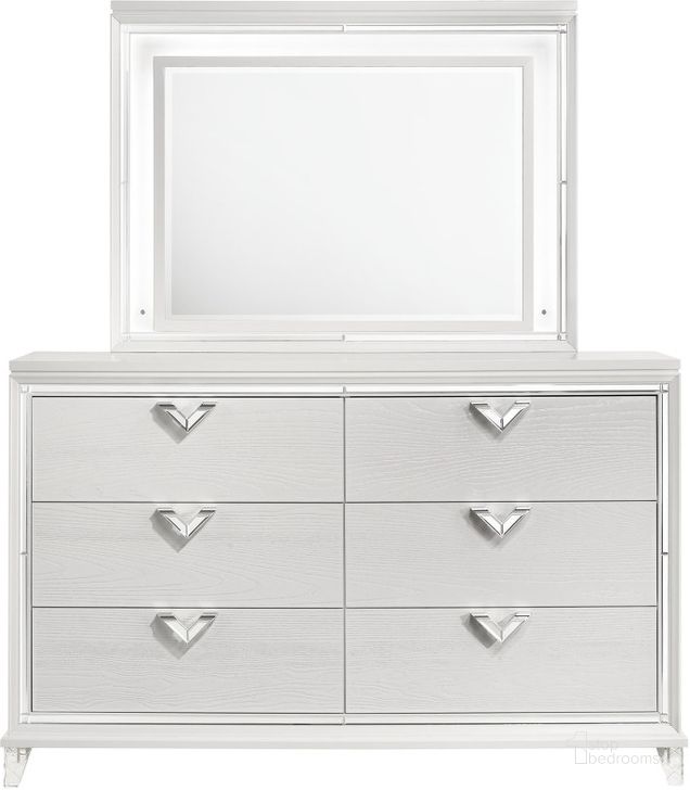 The appearance of Prism 6 Drawer Dresser with Mirror Accent and V Shape Handles In White designed by Galaxy Home Furnishings in the modern / contemporary interior design. This white piece of furniture  was selected by 1StopBedrooms from Prism Collection to add a touch of cosiness and style into your home. Sku: 601955549301. Material: Wood. Product Type: Dresser and Mirror. Image1