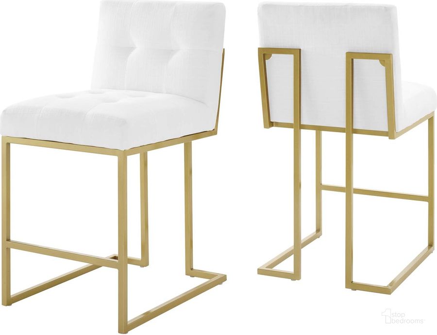 The appearance of Privy Counter Stool Upholstered Fabric Set of 2 In Gold and White designed by Modway in the modern / contemporary interior design. This gold and white piece of furniture  was selected by 1StopBedrooms from Privy Collection to add a touch of cosiness and style into your home. Sku: EEI-5571-GLD-WHI. Material: Polyester. Product Type: Barstool. Image1