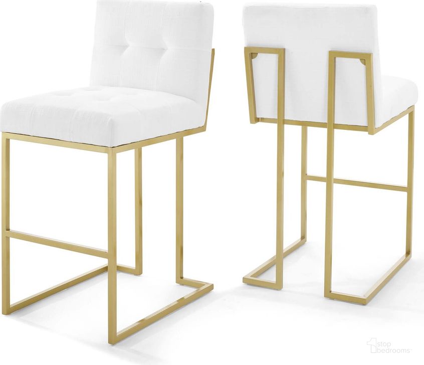 The appearance of Privy Gold and White Gold Stainless Steel Performance Velvet Bar Stool Set of 2 designed by Modway in the modern / contemporary interior design. This gold and white piece of furniture  was selected by 1StopBedrooms from Privy Collection to add a touch of cosiness and style into your home. Sku: EEI-4157-GLD-WHI. Material: Wood. Product Type: Barstool. Image1
