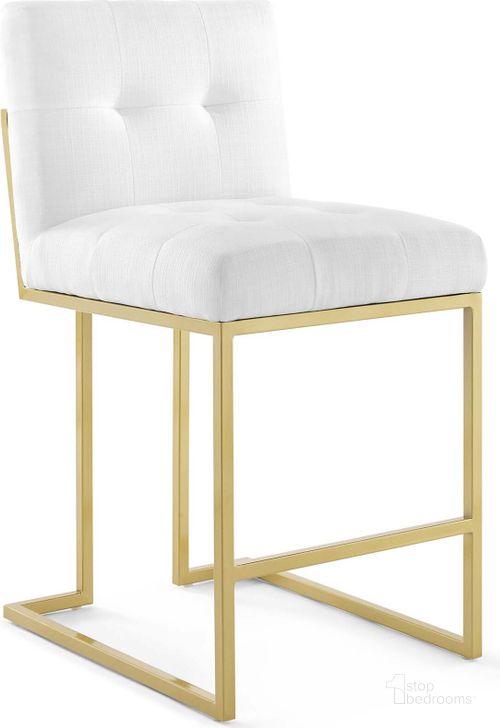 The appearance of Privy Gold and White Gold Stainless Steel Upholstered Fabric Counter Stool designed by Modway in the modern / contemporary interior design. This gold and white piece of furniture  was selected by 1StopBedrooms from Privy Collection to add a touch of cosiness and style into your home. Sku: EEI-3852-GLD-WHI. Material: Wood. Product Type: Barstool. Image1