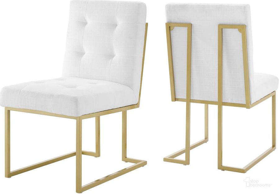 The appearance of Privy Gold and White Gold Stainless Steel Upholstered Fabric Dining Accent Chair Set of 2 designed by Modway in the modern / contemporary interior design. This gold and white piece of furniture  was selected by 1StopBedrooms from Privy Collection to add a touch of cosiness and style into your home. Sku: EEI-4151-GLD-WHI. Material: Wood. Product Type: Accent Chair. Image1