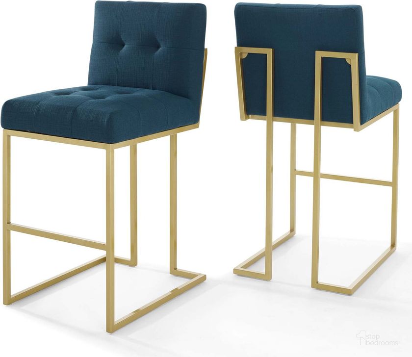 The appearance of Privy Gold Azure Gold Stainless Steel Performance Velvet Bar Stool Set of 2 designed by Modway in the modern / contemporary interior design. This gold azure piece of furniture  was selected by 1StopBedrooms from Privy Collection to add a touch of cosiness and style into your home. Sku: EEI-4157-GLD-AZU. Material: Wood. Product Type: Barstool. Image1