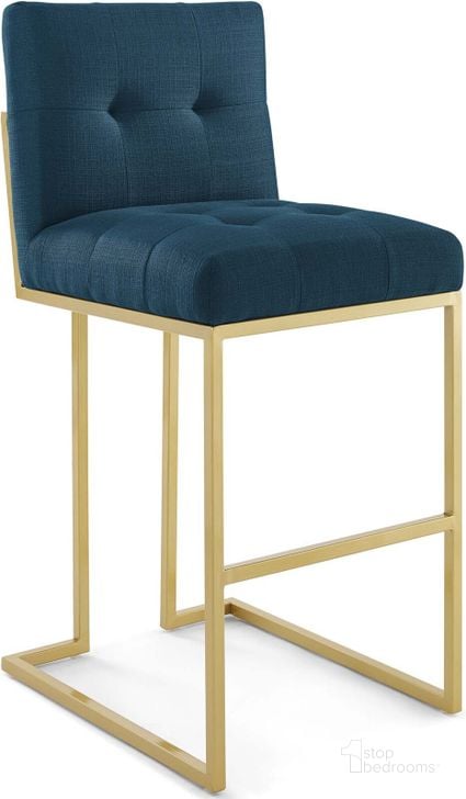 The appearance of Privy Gold Azure Gold Stainless Steel Upholstered Fabric Bar Stool designed by Modway in the modern / contemporary interior design. This gold azure piece of furniture  was selected by 1StopBedrooms from Privy Collection to add a touch of cosiness and style into your home. Sku: EEI-3855-GLD-AZU. Material: Wood. Product Type: Barstool. Image1