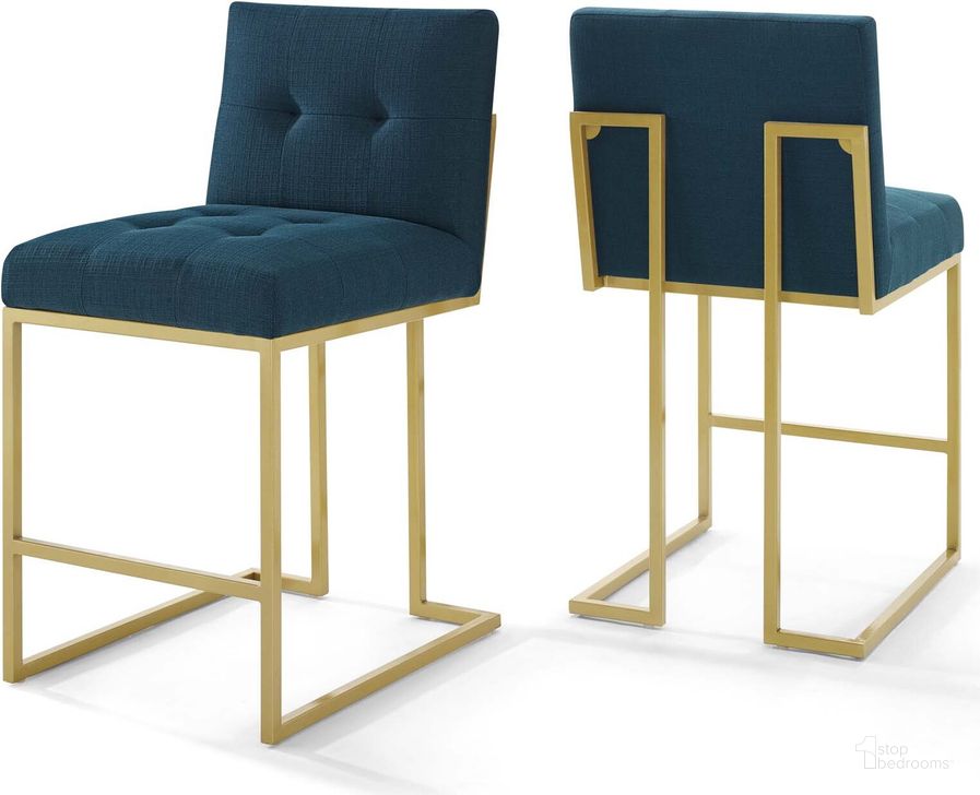 The appearance of Privy Gold Azure Gold Stainless Steel Upholstered Fabric Counter Stool Set of 2 designed by Modway in the modern / contemporary interior design. This gold azure piece of furniture  was selected by 1StopBedrooms from Privy Collection to add a touch of cosiness and style into your home. Sku: EEI-4154-GLD-AZU. Material: Wood. Product Type: Dining Chair. Image1