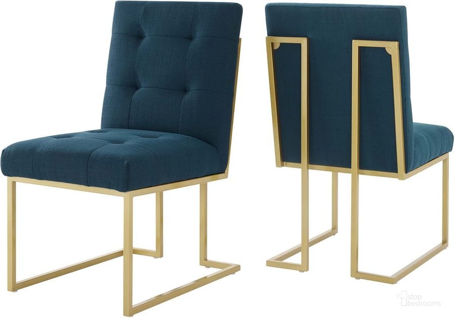 The appearance of Privy Gold Azure Gold Stainless Steel Upholstered Fabric Dining Accent Chair Set of 2 designed by Modway in the modern / contemporary interior design. This gold azure piece of furniture  was selected by 1StopBedrooms from Privy Collection to add a touch of cosiness and style into your home. Sku: EEI-4151-GLD-AZU. Material: Wood. Product Type: Accent Chair. Image1