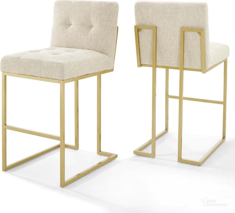 The appearance of Privy Gold Beige Gold Stainless Steel Performance Velvet Bar Stool Set of 2 designed by Modway in the modern / contemporary interior design. This gold beige piece of furniture  was selected by 1StopBedrooms from Privy Collection to add a touch of cosiness and style into your home. Sku: EEI-4157-GLD-BEI. Material: Wood. Product Type: Barstool. Image1