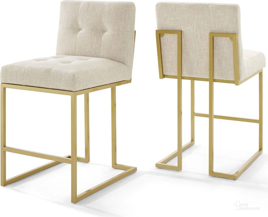 The appearance of Privy Gold Beige Gold Stainless Steel Upholstered Fabric Counter Stool Set of 2 EEI-4154-GLD-BEI designed by Modway in the modern / contemporary interior design. This gold beige piece of furniture  was selected by 1StopBedrooms from Privy Collection to add a touch of cosiness and style into your home. Sku: EEI-4154-GLD-BEI. Material: Wood. Product Type: Dining Chair. Image1